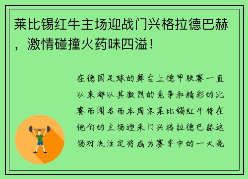莱比锡红牛主场迎战门兴格拉德巴赫，激情碰撞火药味四溢！