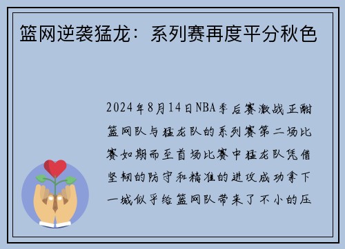 篮网逆袭猛龙：系列赛再度平分秋色