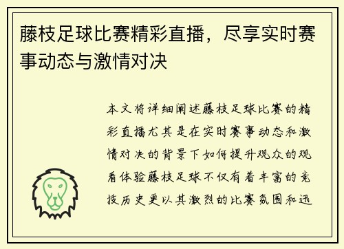 藤枝足球比赛精彩直播，尽享实时赛事动态与激情对决